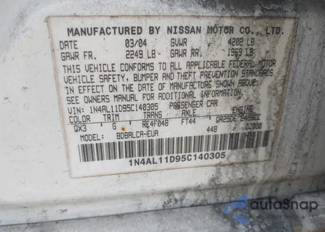 2005 Nissan Altima 2.5 S z USA, uszkodzony, nr VIN 1N4AL11D95C140305